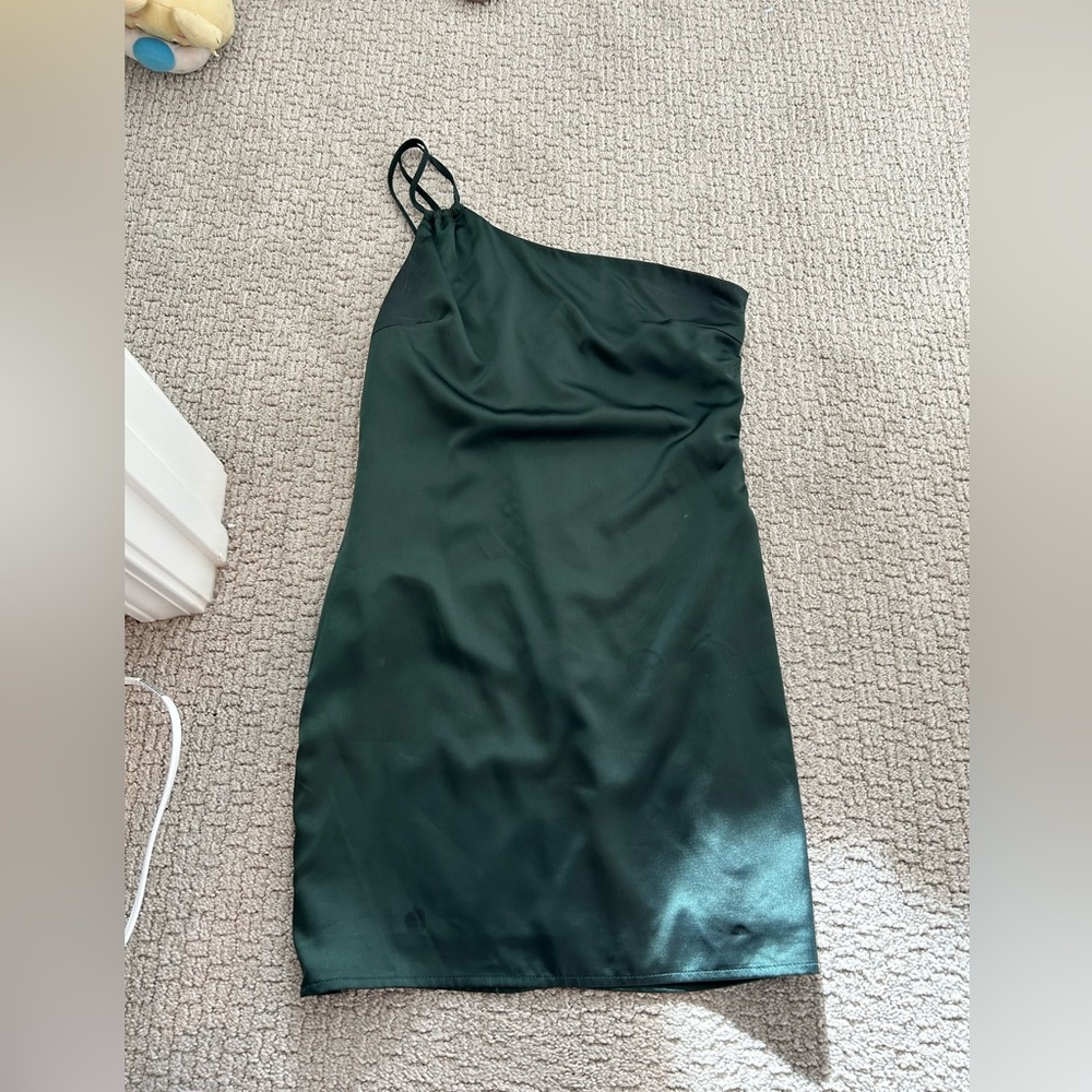One Shoulder Green Silk Dress